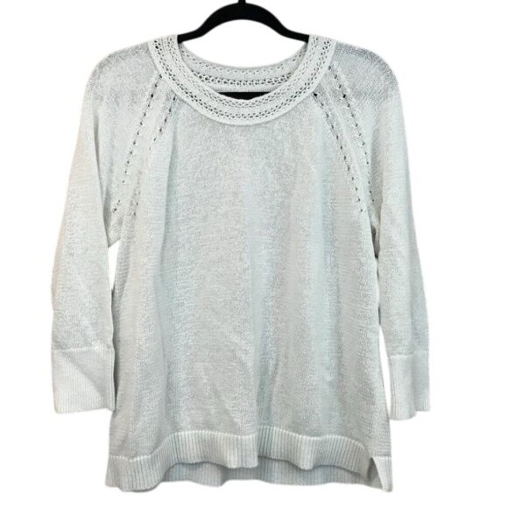 Ann Taylor Loft White Open Knit Sweater XL Pullover Lightweight 3/4 Sleeve